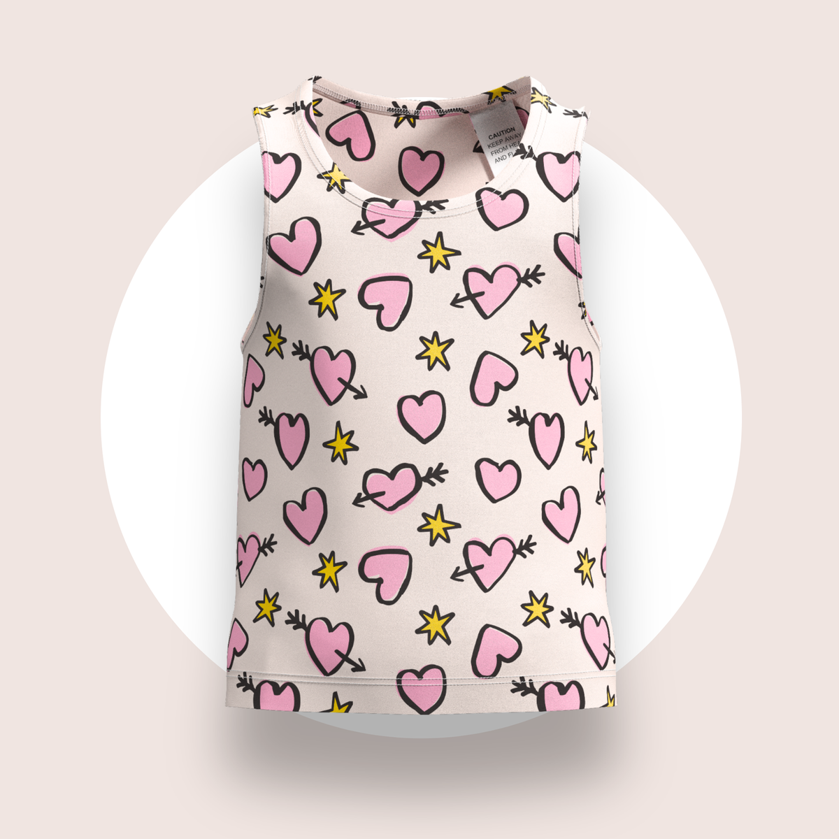 Lulu Funk Kids Singlet in Cosmic Hearts print (pink hearts, cupid arrows and yellow stars on white), view 1 of 7