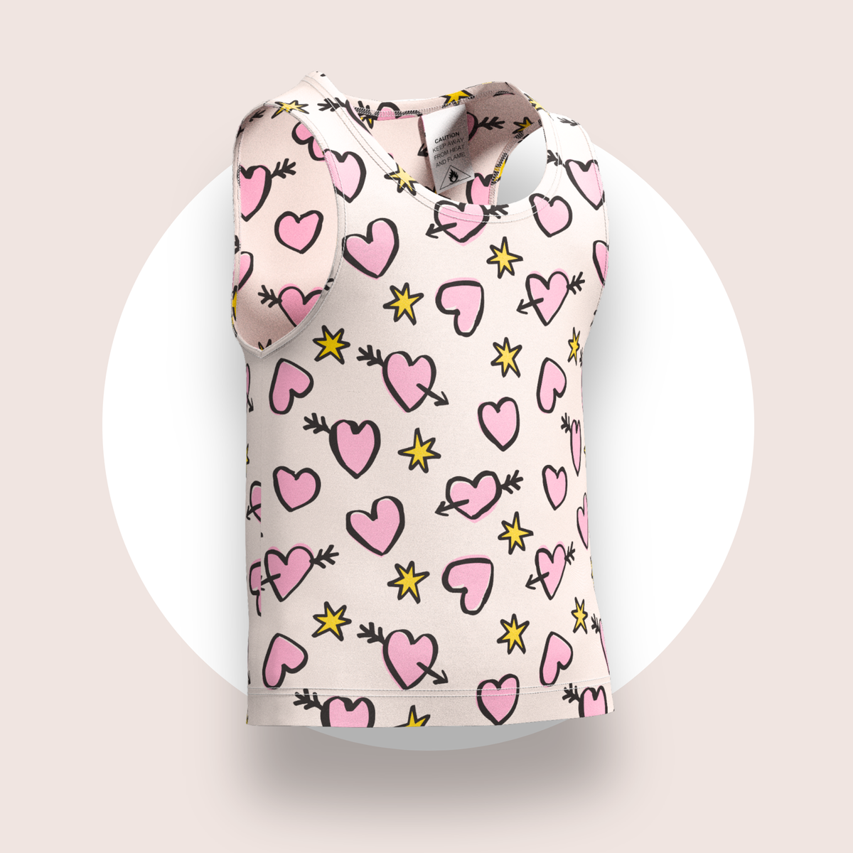 Lulu Funk Kids Singlet in Cosmic Hearts print (pink hearts, cupid arrows and yellow stars on white), view 2 of 7