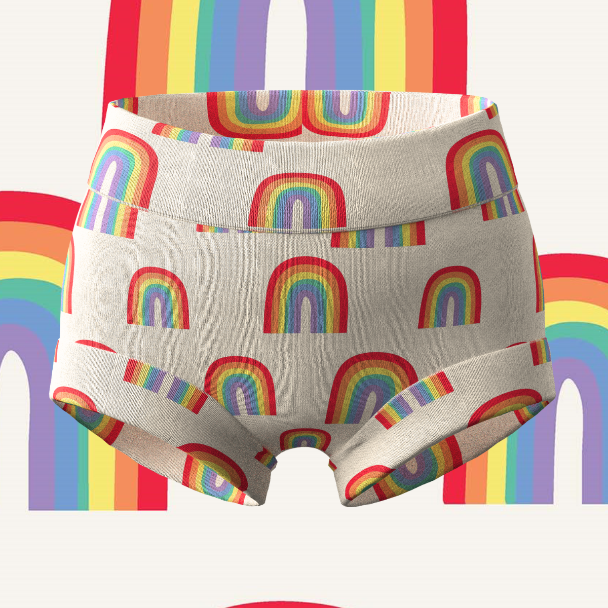 Girls’ bamboo and organic-cotton underwear in Rainbows print – front view, size 2–12 years.