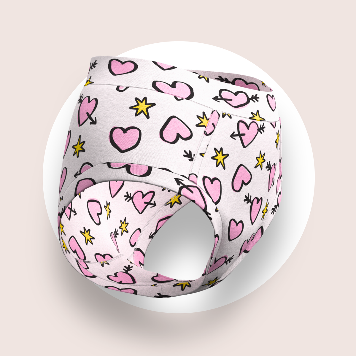 Lulu Funk Womens High Rise Brief in Cosmic Hearts print (pink hearts, cupid arrows and yellow stars on white), view 3 of 7