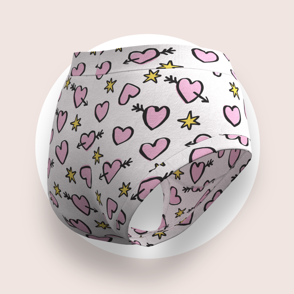 Lulu Funk Womens High Rise Brief in Cosmic Hearts print (pink hearts, cupid arrows and yellow stars on white), view 5 of 7