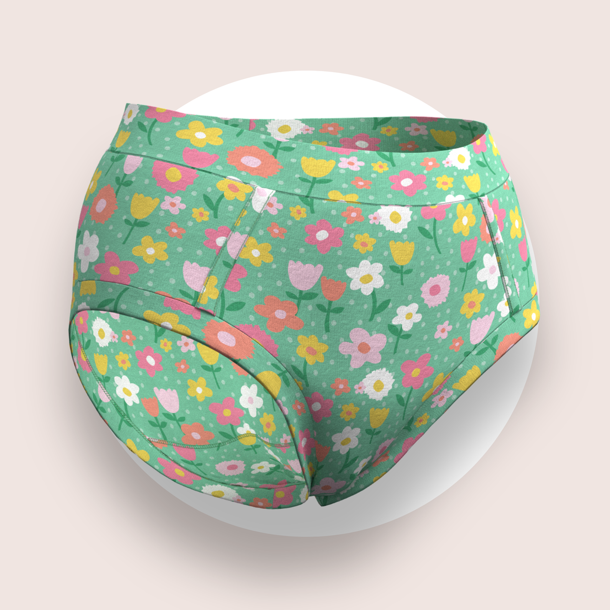 Lulu Funk Womens High Rise Brief in Meadow print (pink, yellow and white flowers on green), view 2 of 7