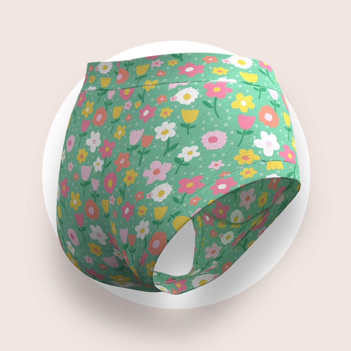 Lulu Funk Womens High Rise Brief in Meadow print (pink, yellow and white flowers on green), view 5 of 7
