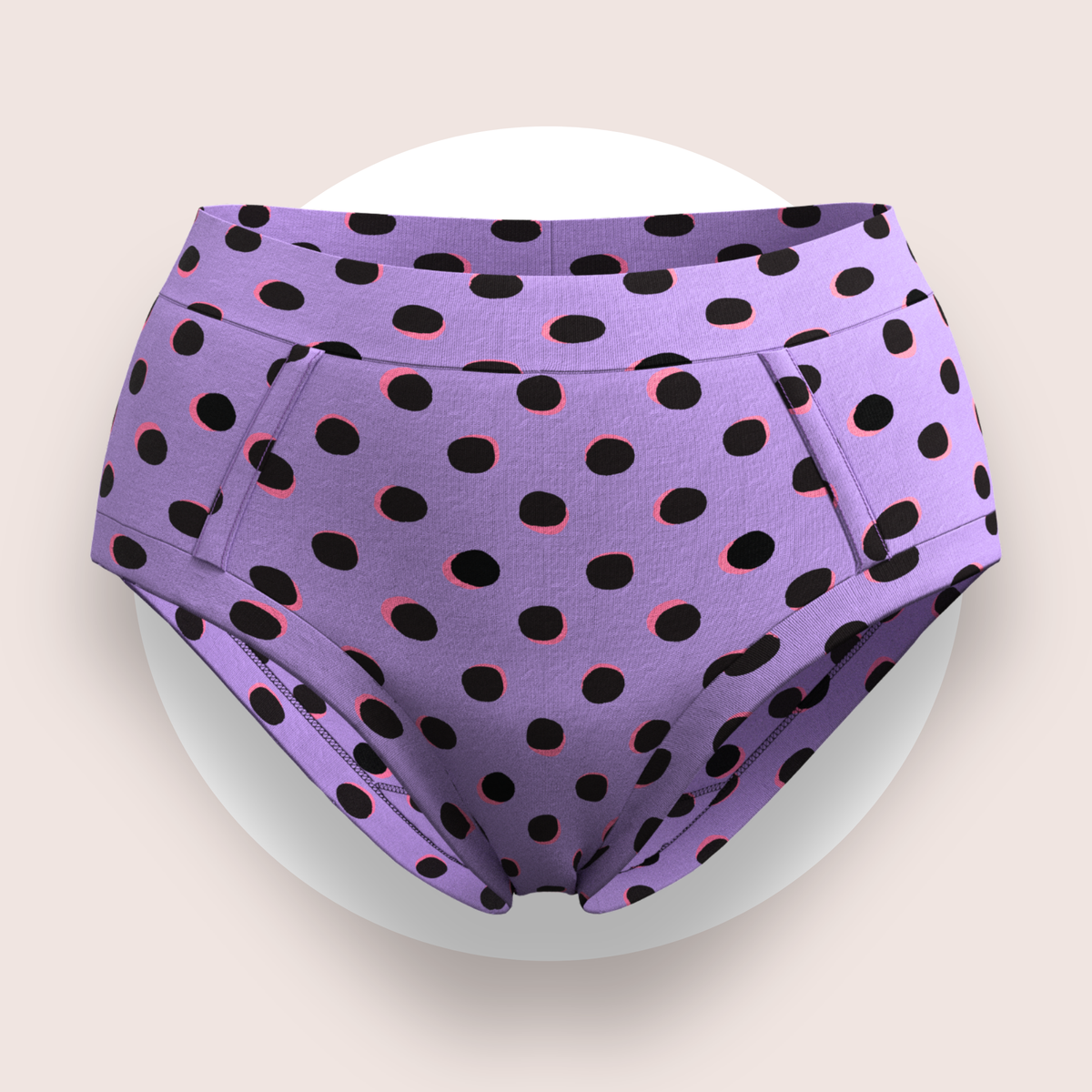 Lulu Funk Womens High Rise Brief in Neon Spot print (black spots on lilac), view 1 of 7