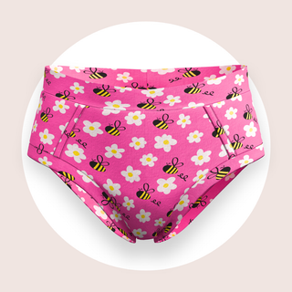 Women’s Buzzy Bees bamboo briefs in pink with bee and flower print