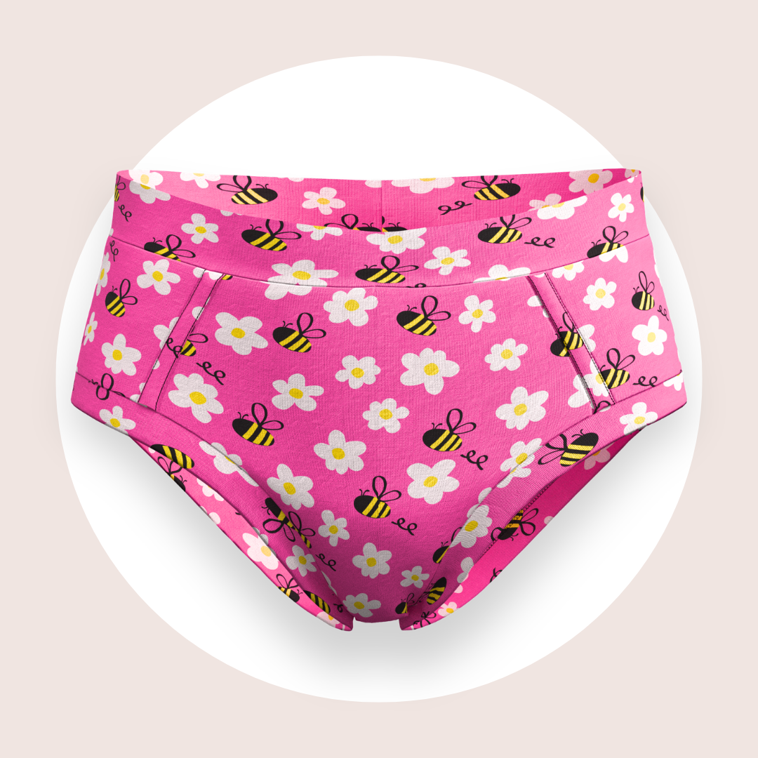 Women’s Buzzy Bees bamboo briefs in pink with bee and flower print
