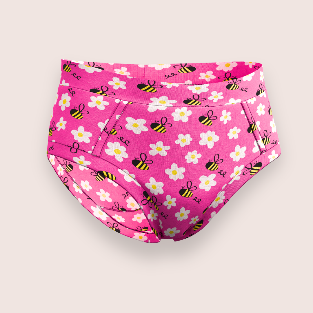 Women’s Buzzy Bees bamboo briefs in pink with bee and flower print