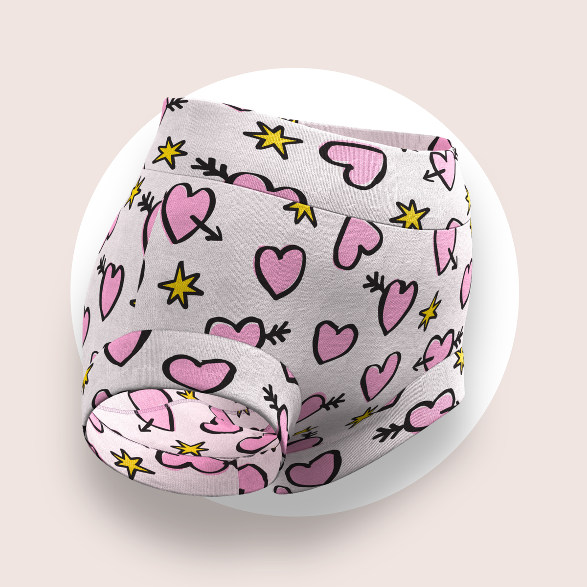 Lulu Funk Kids Brief in Cosmic Hearts print (pink hearts, cupid arrows and yellow stars on white), view 1 of 4