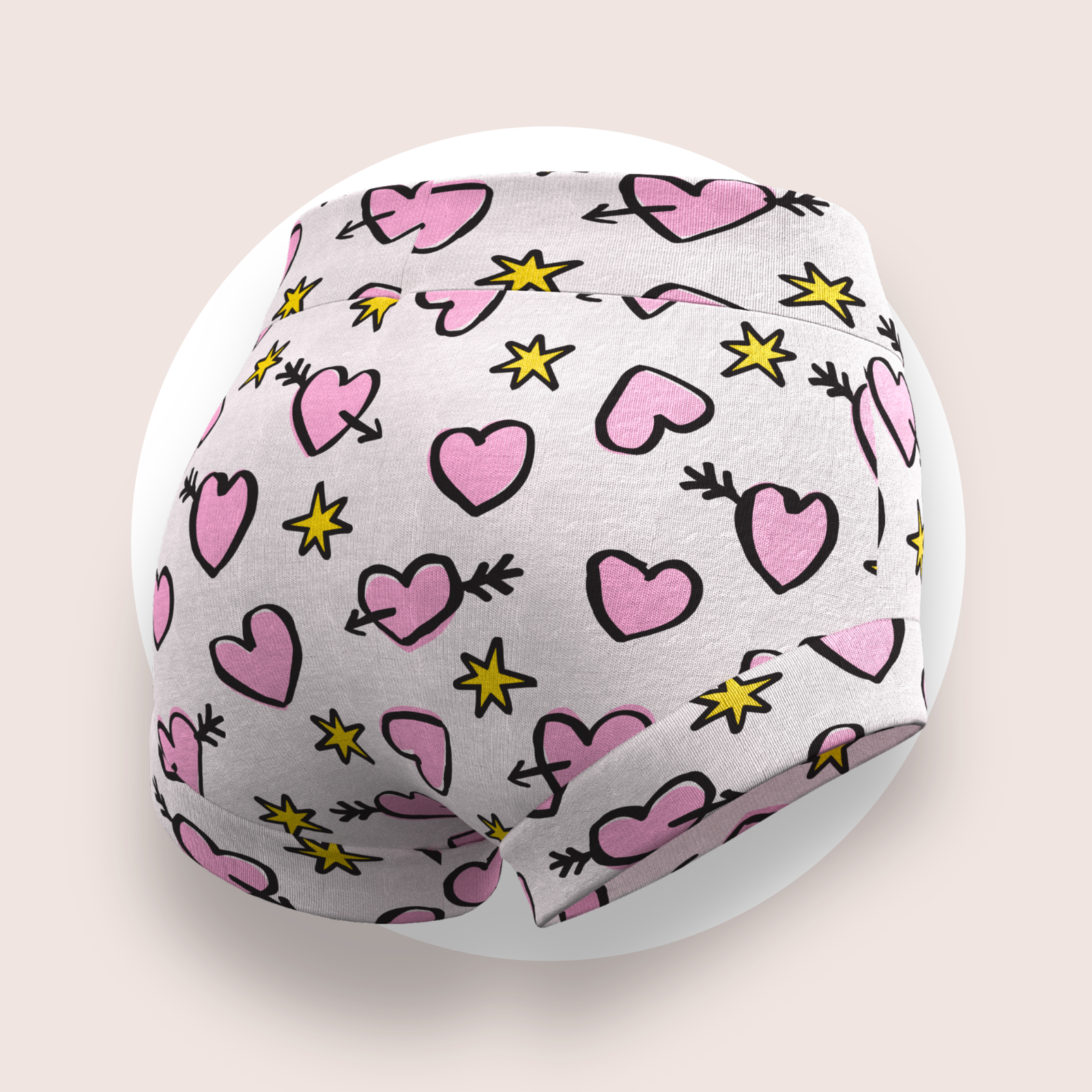 Lulu Funk Kids Brief in Cosmic Hearts print (pink hearts, cupid arrows and yellow stars on white), view 1 of 4