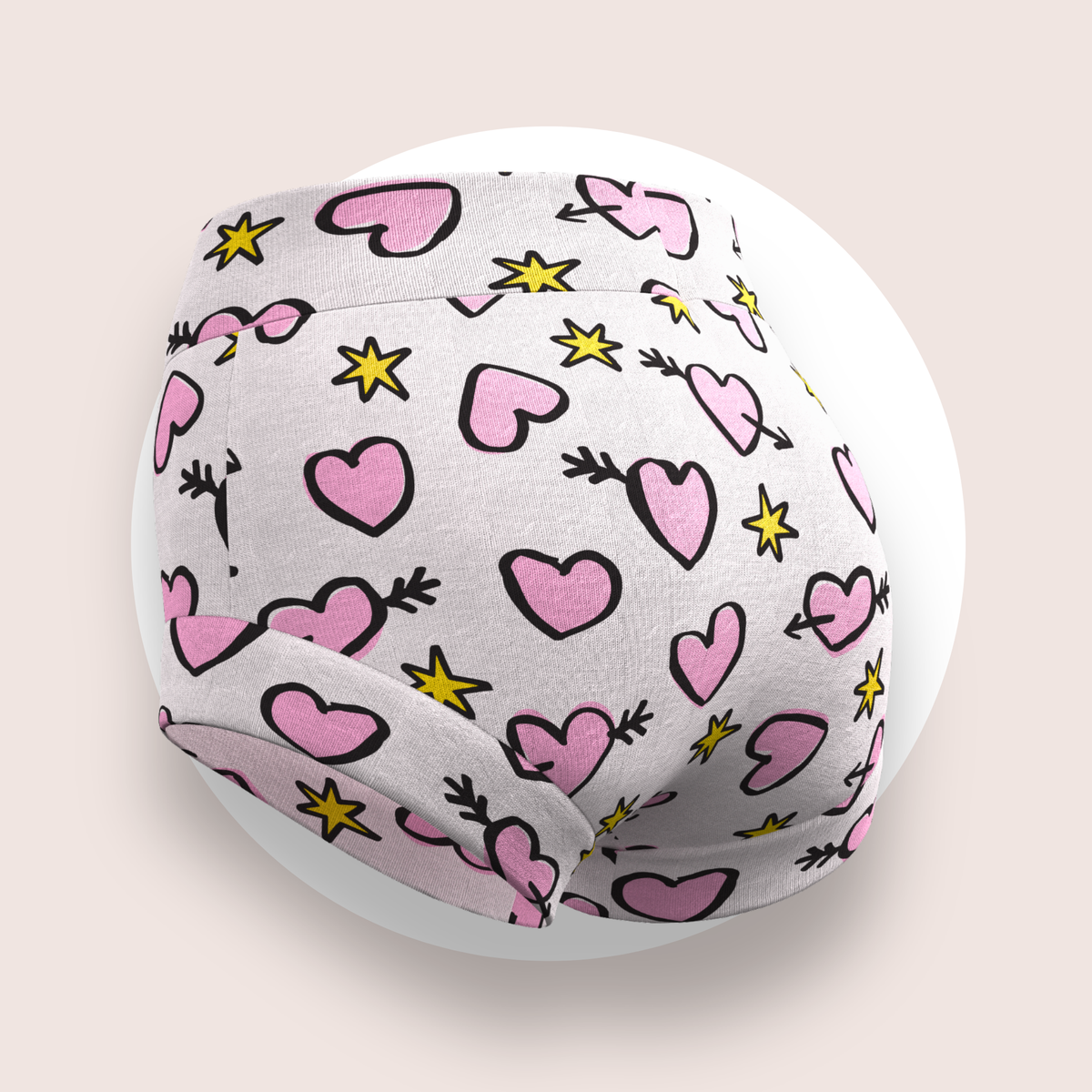 Lulu Funk Kids Brief in Cosmic Hearts print (pink hearts, cupid arrows and yellow stars on white), view 3 of 4