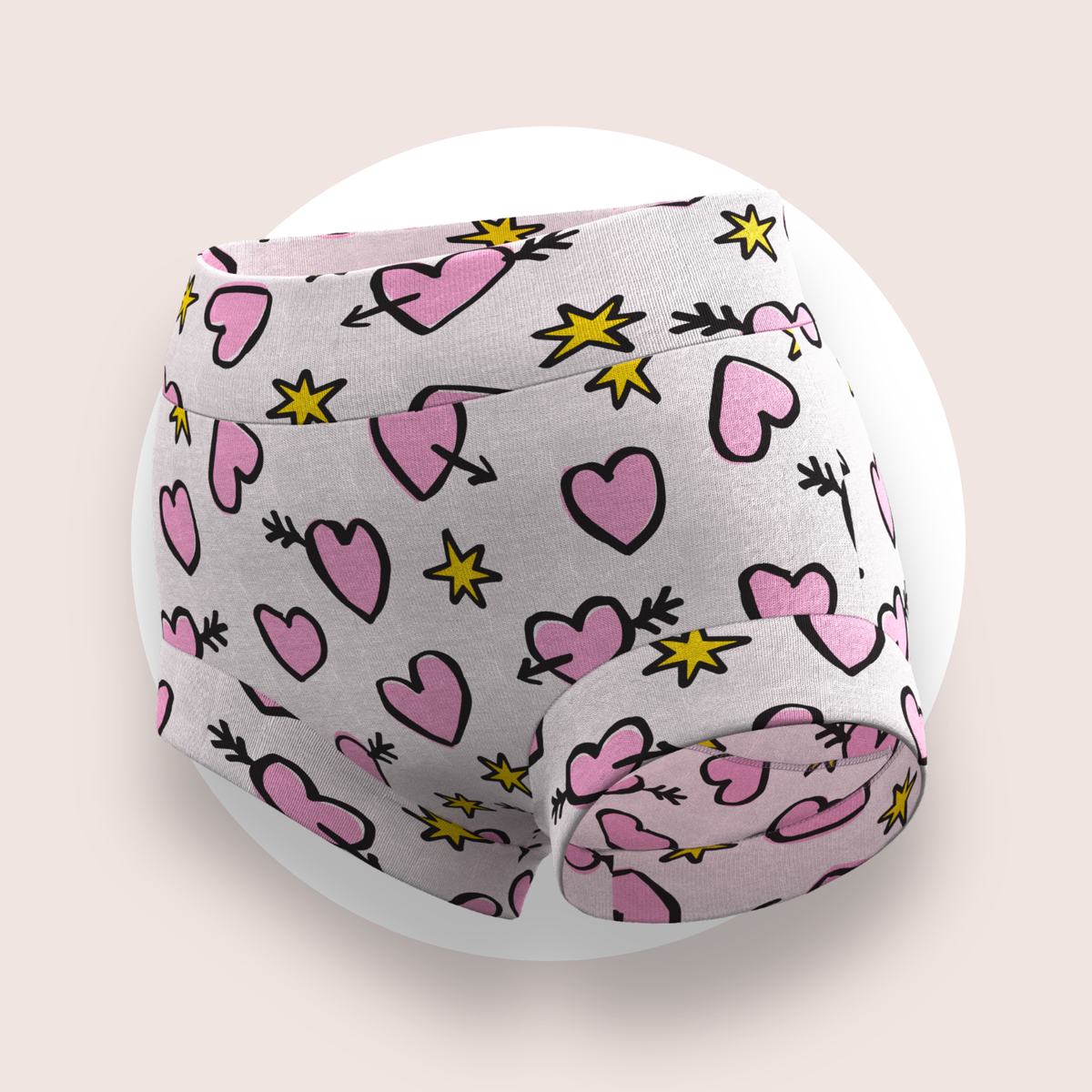 Lulu Funk Kids Brief in Cosmic Hearts print (pink hearts, cupid arrows and yellow stars on white), view 4 of 4