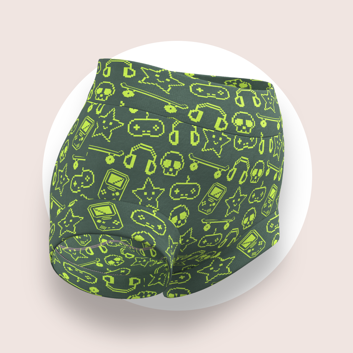 Lulu Funk Kids Brief in Pixel print (lime gaming icons on dark green), view 1 of 4