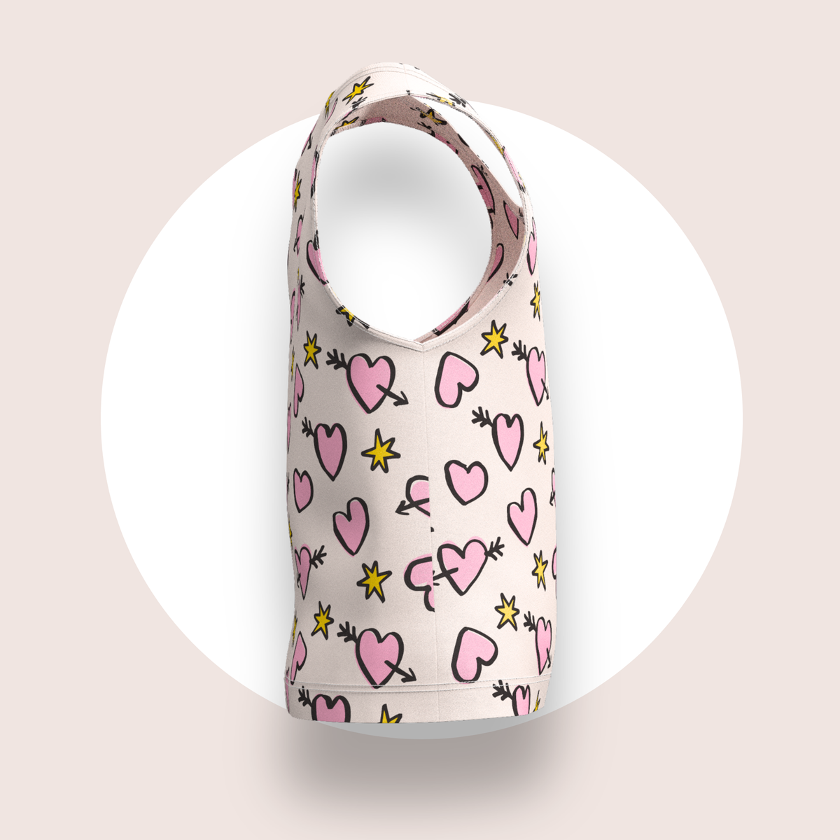 Lulu Funk Kids Singlet in Cosmic Hearts print (pink hearts, cupid arrows and yellow stars on white), view 4 of 7