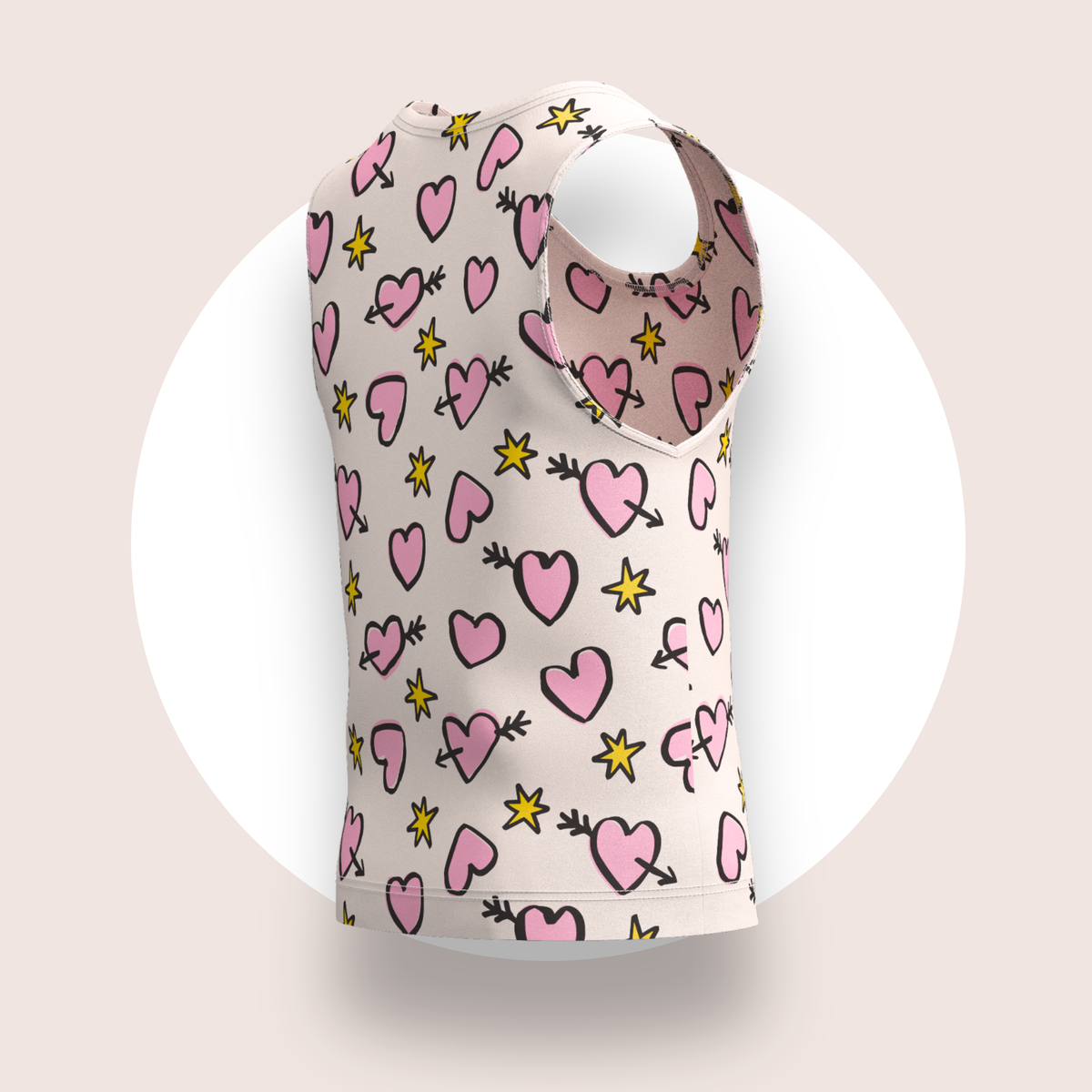 Lulu Funk Kids Singlet in Cosmic Hearts print (pink hearts, cupid arrows and yellow stars on white), view 5 of 7