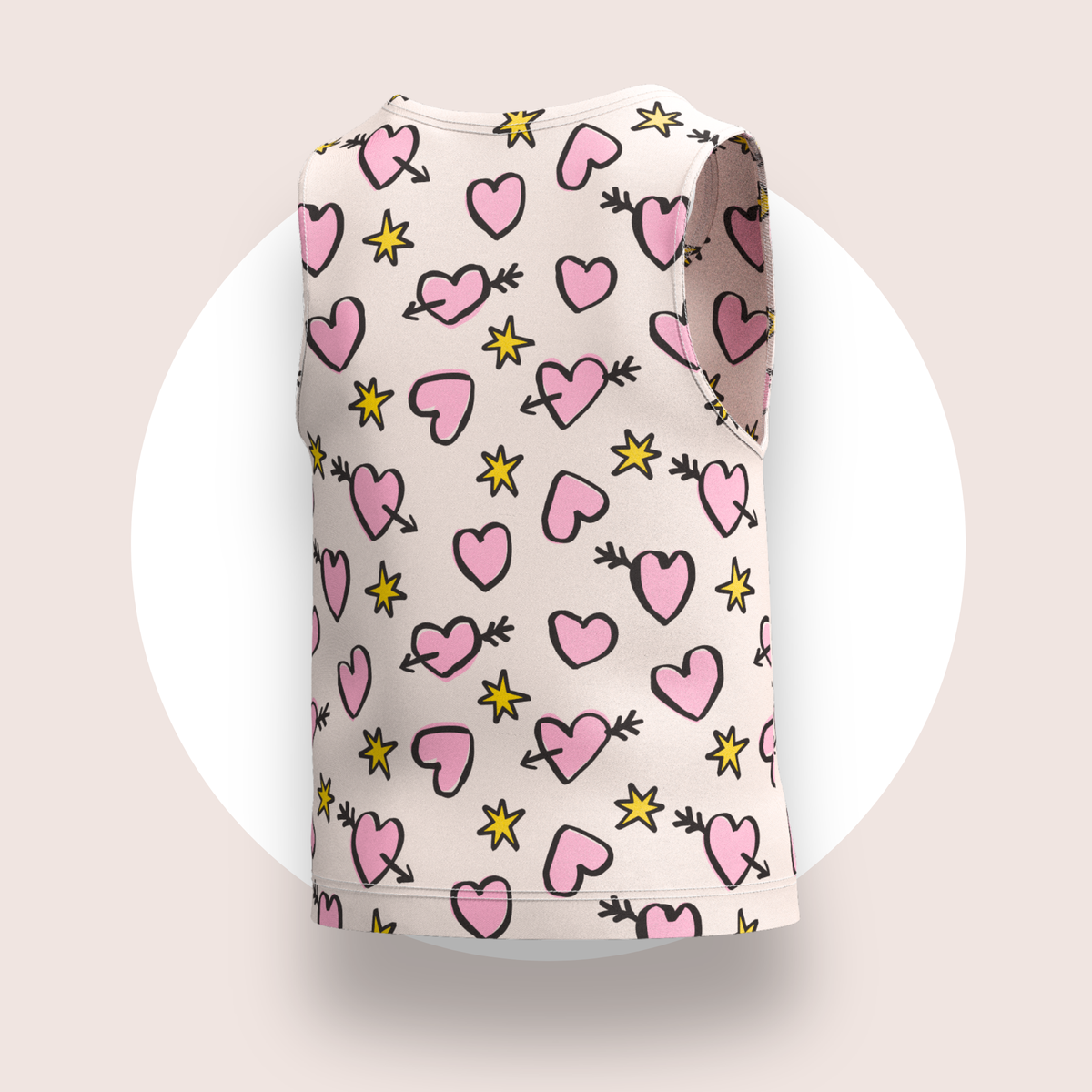 Lulu Funk Kids Singlet in Cosmic Hearts print (pink hearts, cupid arrows and yellow stars on white), view 6 of 7