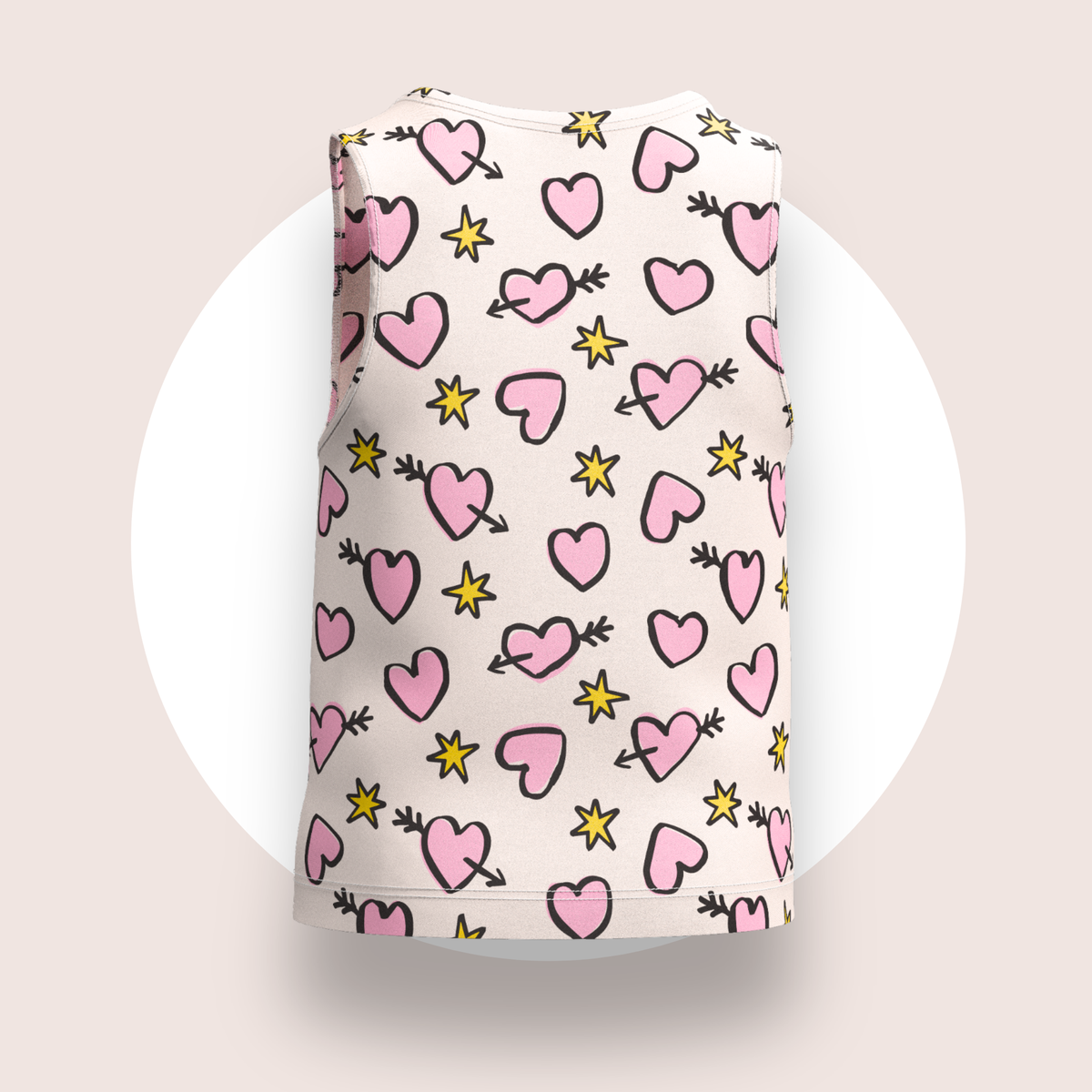 Lulu Funk Kids Singlet in Cosmic Hearts print (pink hearts, cupid arrows and yellow stars on white), view 7 of 7