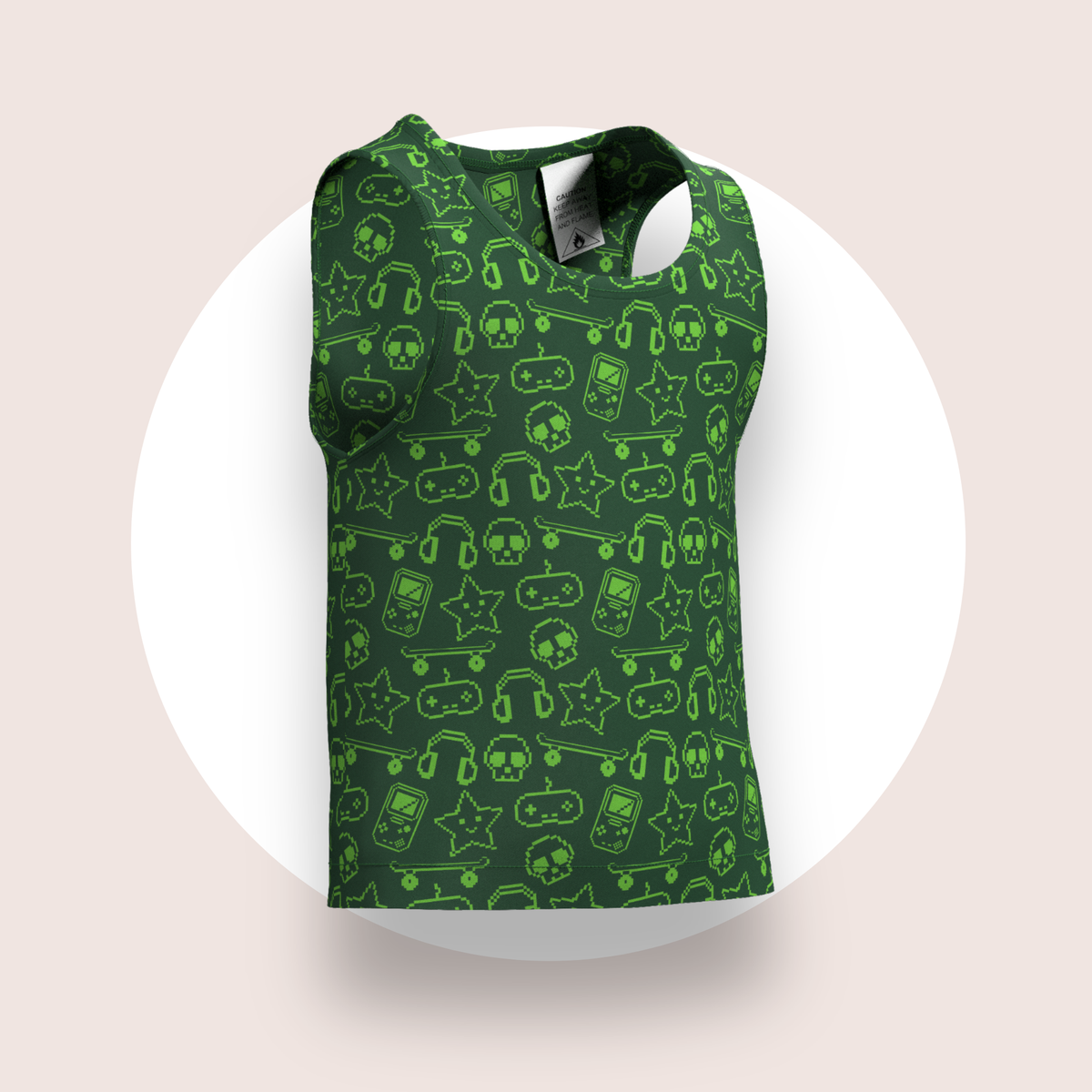 Lulu Funk Kids Singlet in Pixel print (lime gaming icons on dark green), view 2 of 7