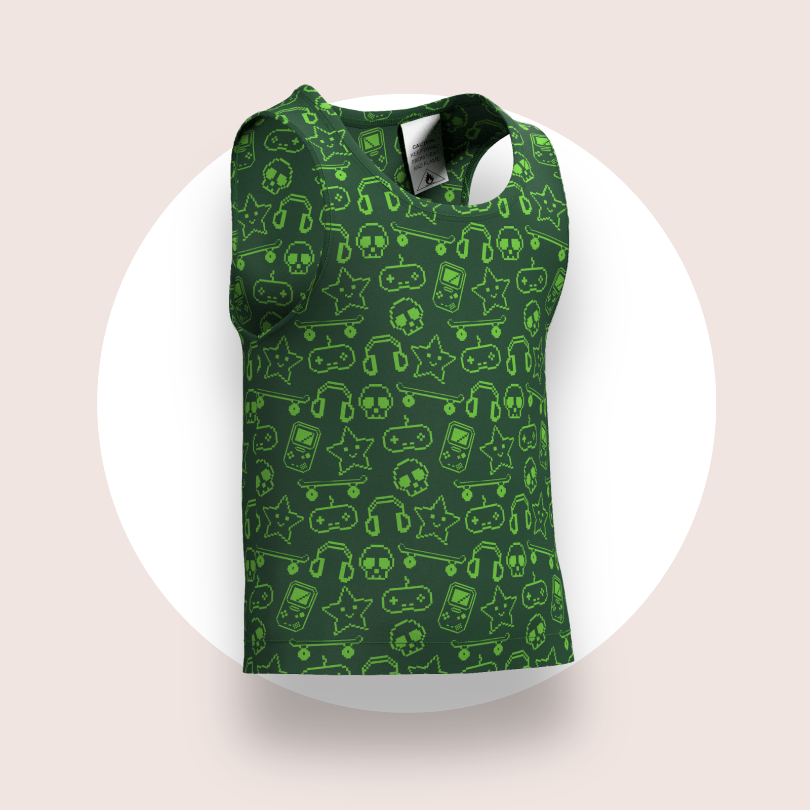 Lulu Funk Kids Singlet in Pixel print (lime gaming icons on dark green), view 1 of 7