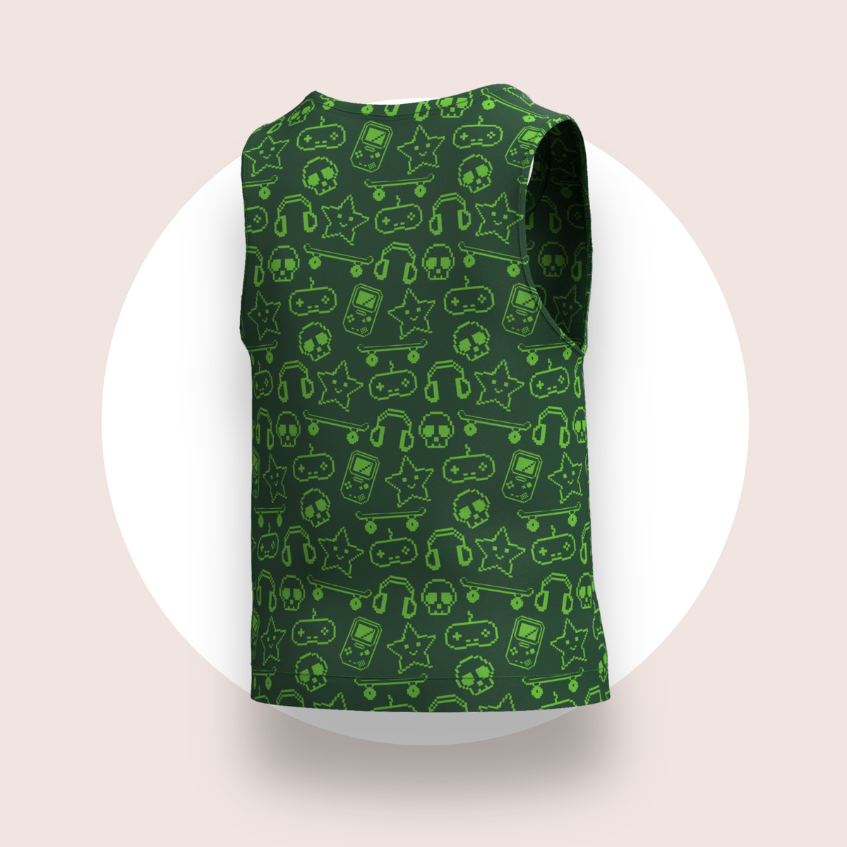 Lulu Funk Kids Singlet in Pixel print (lime gaming icons on dark green), view 6 of 7