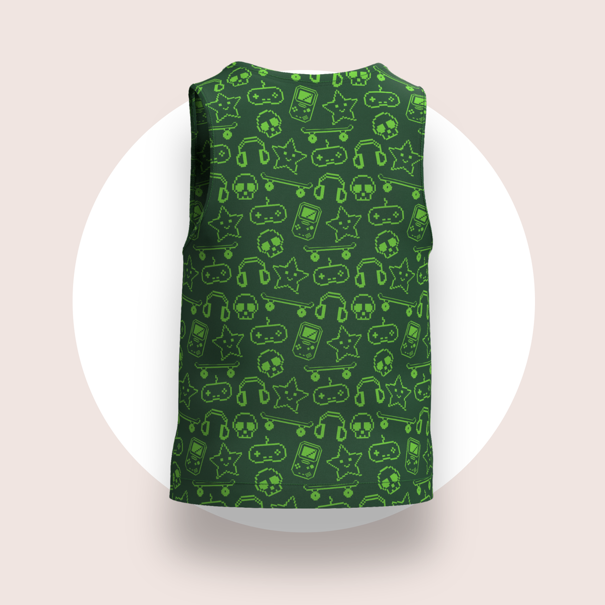 Lulu Funk Kids Singlet in Pixel print (lime gaming icons on dark green), view 7 of 7