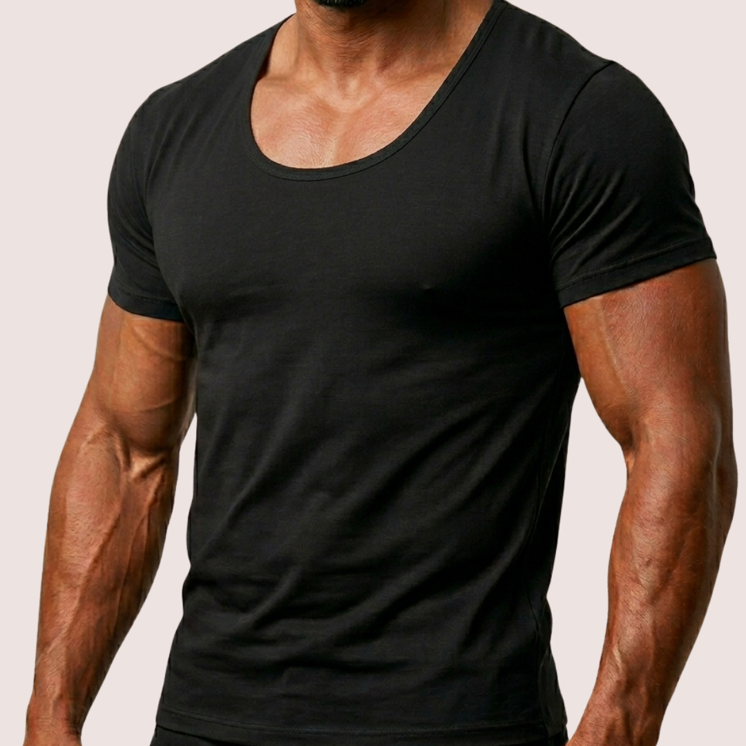 Men's muscle tee in black with deep scoop neck, fitted through the chest and shoulders