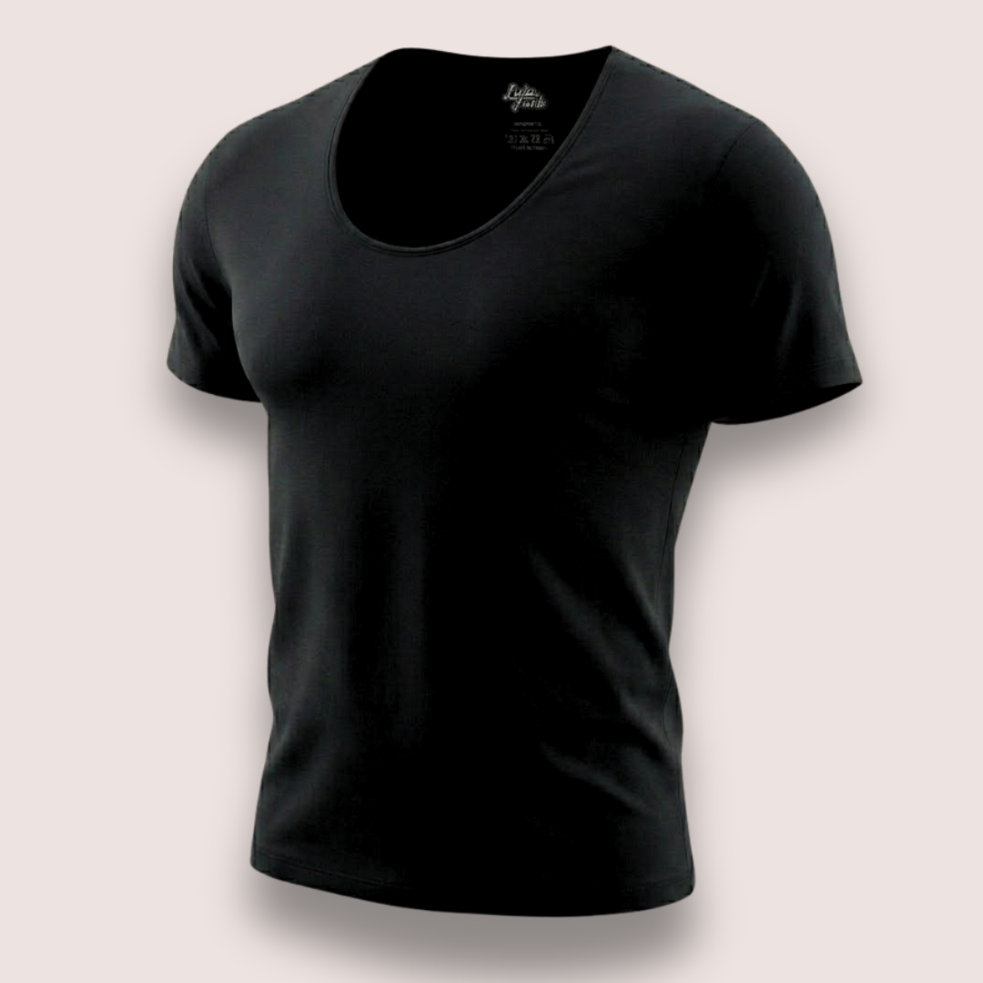 Black men's muscle tee with scoop neckline and short sleeves, shown flat