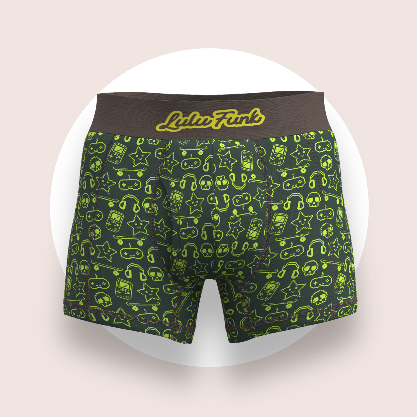 Lulu Funk Mens Boxer Brief in Pixel print (lime gaming icons on dark green), view 1 of 7