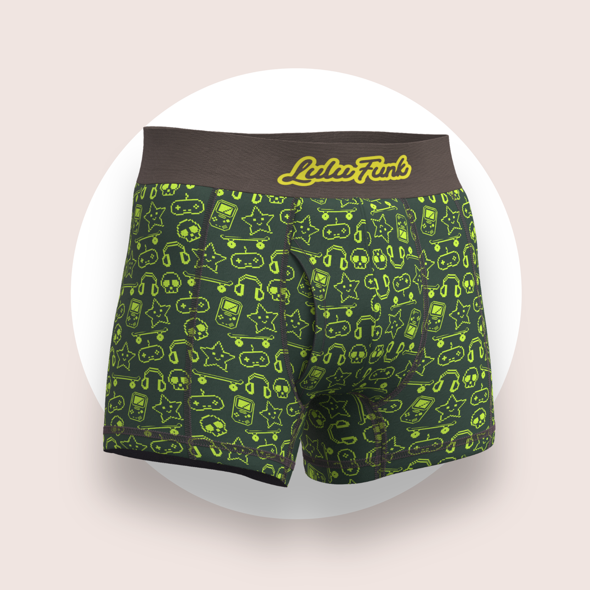 Lulu Funk Mens Boxer Brief in Pixel print (lime gaming icons on dark green), view 2 of 7