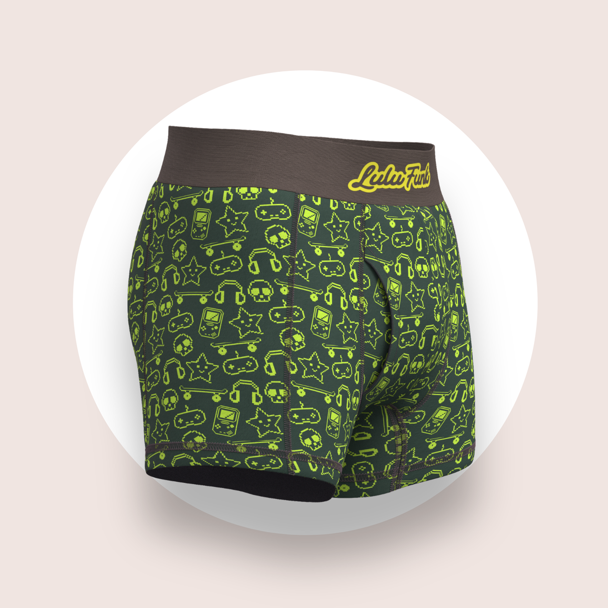 Lulu Funk Mens Boxer Brief in Pixel print (lime gaming icons on dark green), view 3 of 7