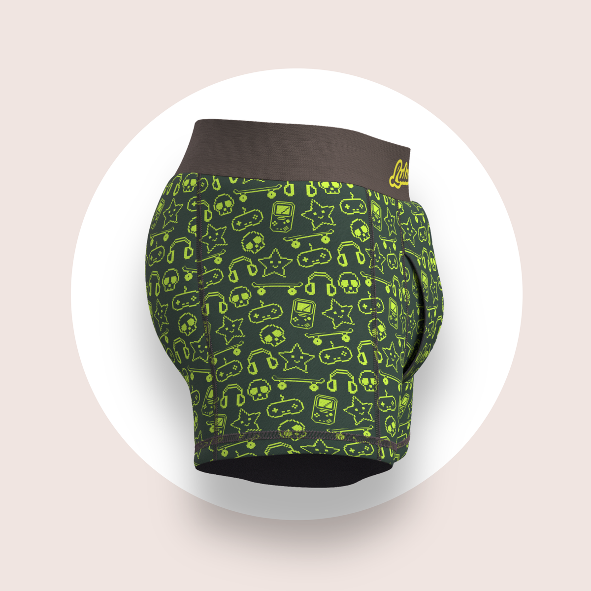 Lulu Funk Mens Boxer Brief in Pixel print (lime gaming icons on dark green), view 4 of 7