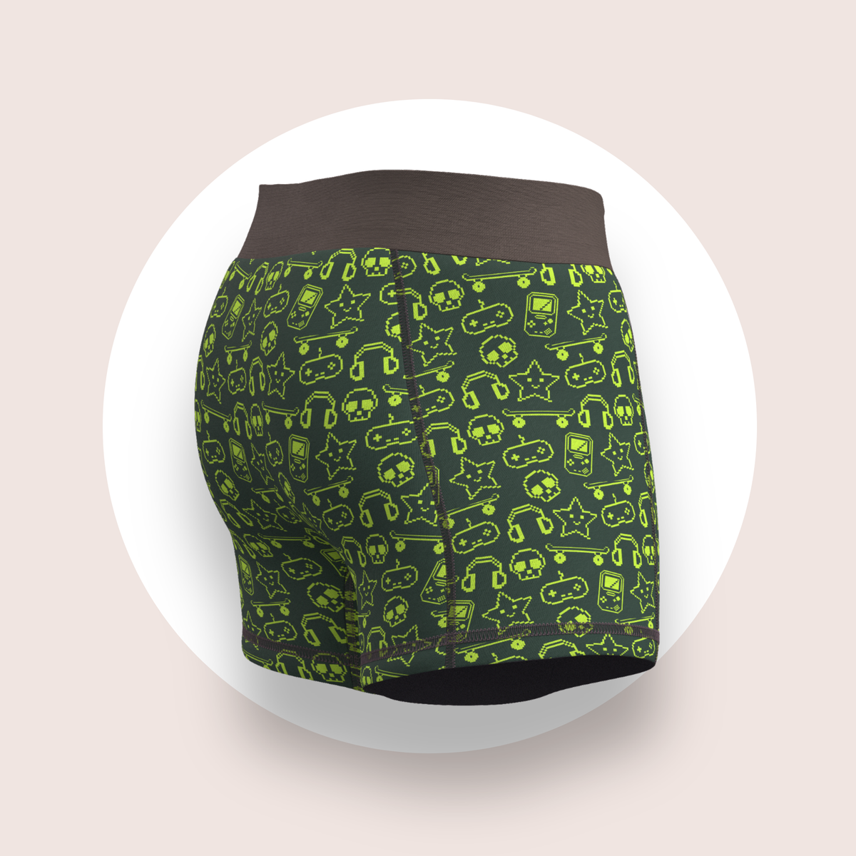 Lulu Funk Mens Boxer Brief in Pixel print (lime gaming icons on dark green), view 5 of 7
