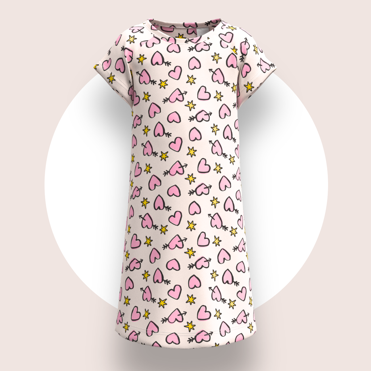 Lulu Funk Kids Nightie in Cosmic Hearts print (pink hearts, cupid arrows and yellow stars on white), view 1 of 7