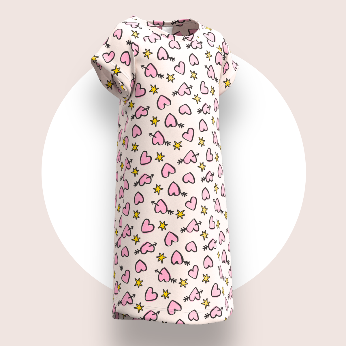 Lulu Funk Kids Nightie in Cosmic Hearts print (pink hearts, cupid arrows and yellow stars on white), view 2 of 7