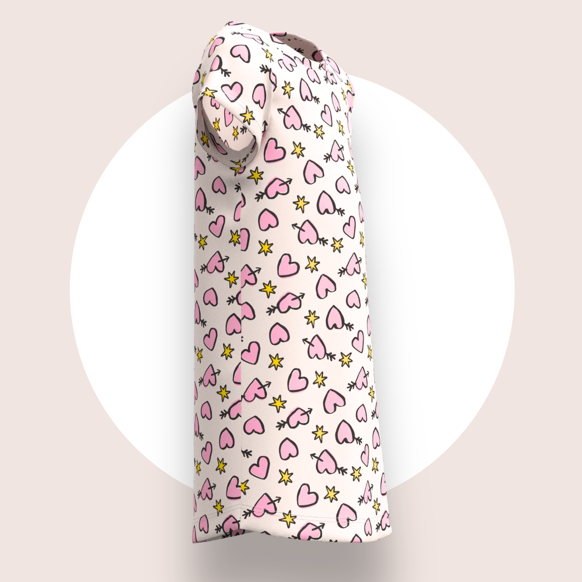 Lulu Funk Kids Nightie in Cosmic Hearts print (pink hearts, cupid arrows and yellow stars on white), view 3 of 7