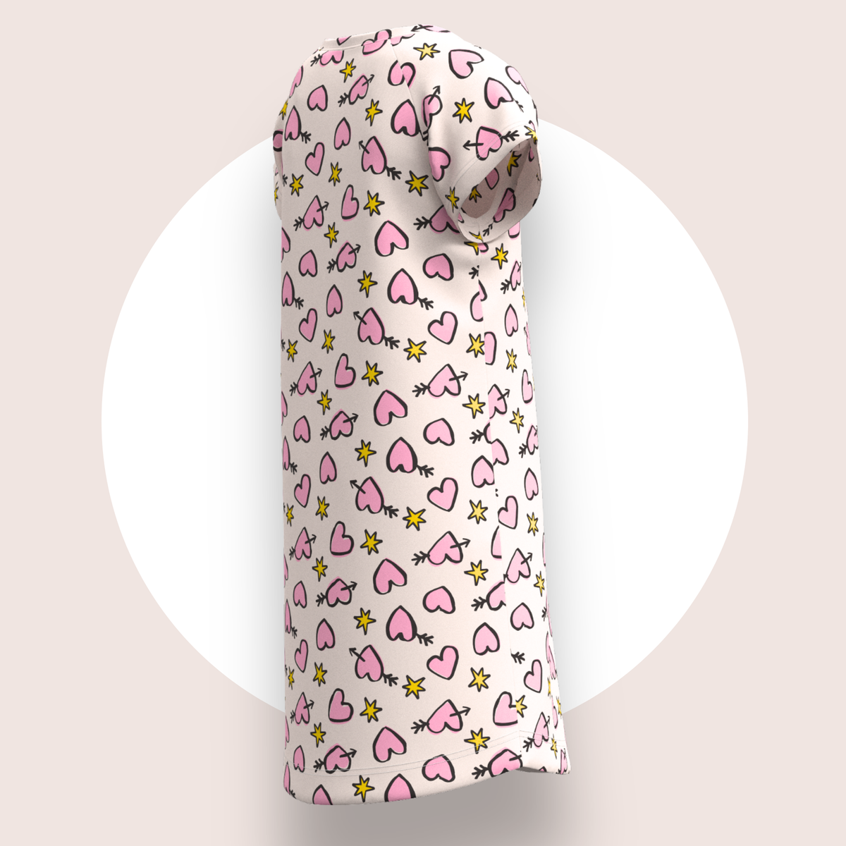 Lulu Funk Kids Nightie in Cosmic Hearts print (pink hearts, cupid arrows and yellow stars on white), view 5 of 7