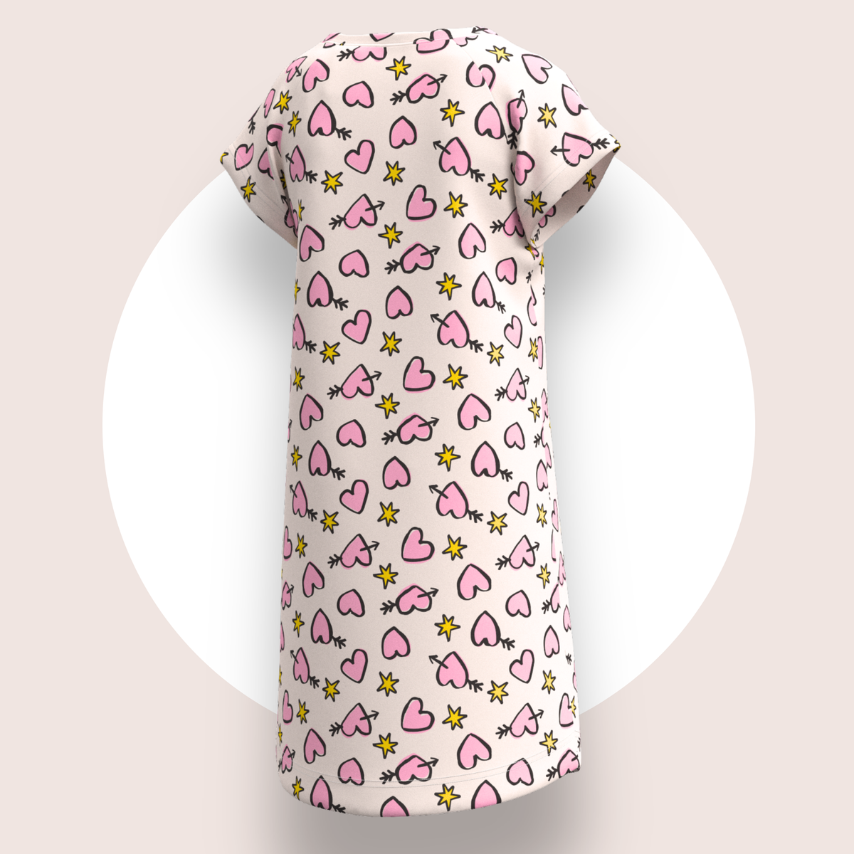Lulu Funk Kids Nightie in Cosmic Hearts print (pink hearts, cupid arrows and yellow stars on white), view 6 of 7