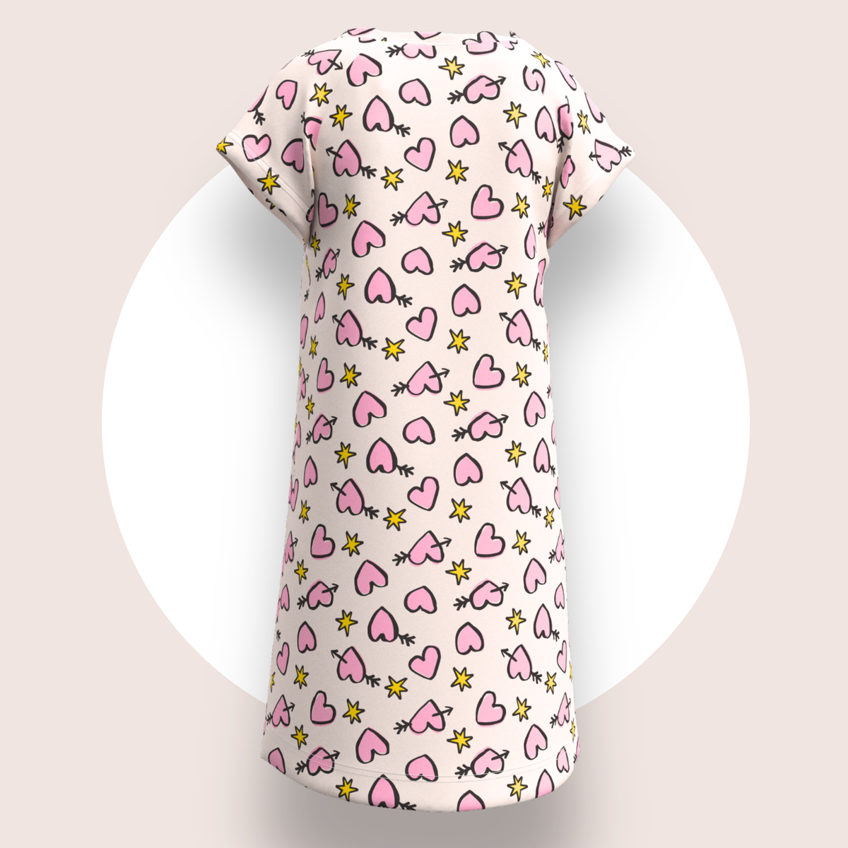 Lulu Funk Kids Nightie in Cosmic Hearts print (pink hearts, cupid arrows and yellow stars on white), view 7 of 7