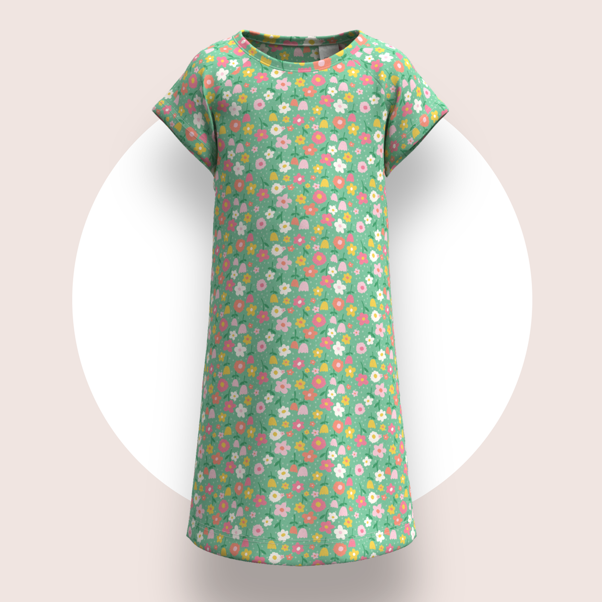 Lulu Funk Kids Nightie in Meadow print (pastel flowers on green), view 1 of 7