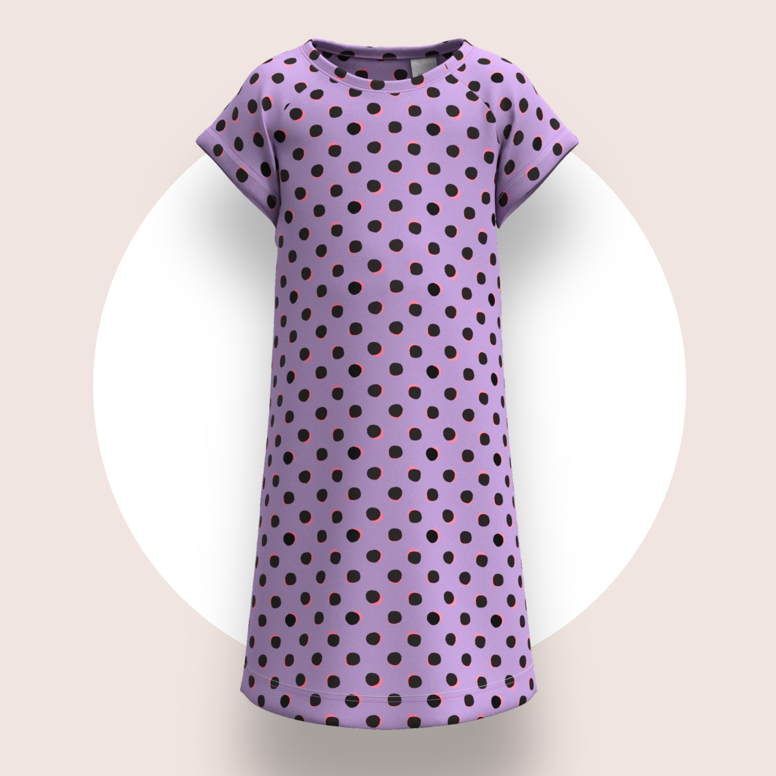 Lulu Funk Kids Nightie in Neon Spot print (black spots on lilac), view 1 of 7