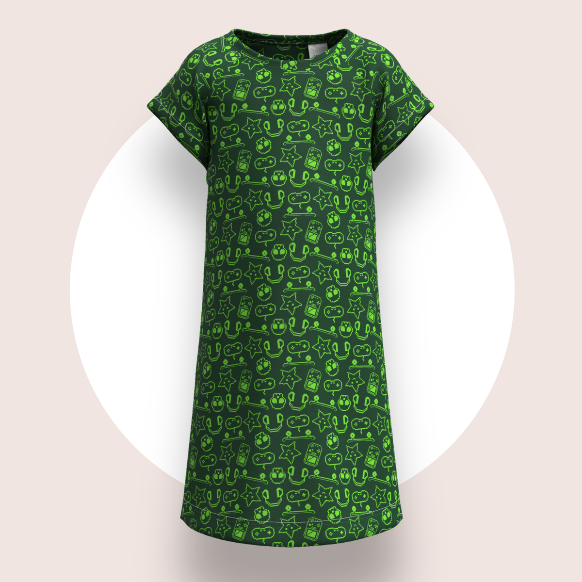 Lulu Funk Kids Nightie in Pixel print (lime gaming icons on dark green), view 1 of 7