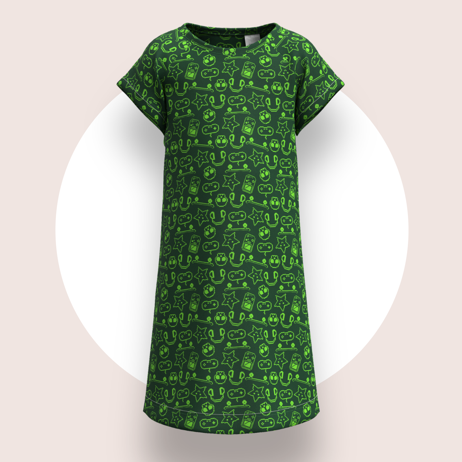 Lulu Funk Kids Nightie in Pixel print (lime gaming icons on dark green), view 1 of 7