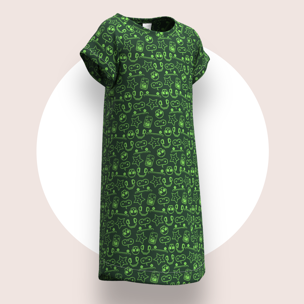 Lulu Funk Kids Nightie in Pixel print (lime gaming icons on dark green), view 2 of 7