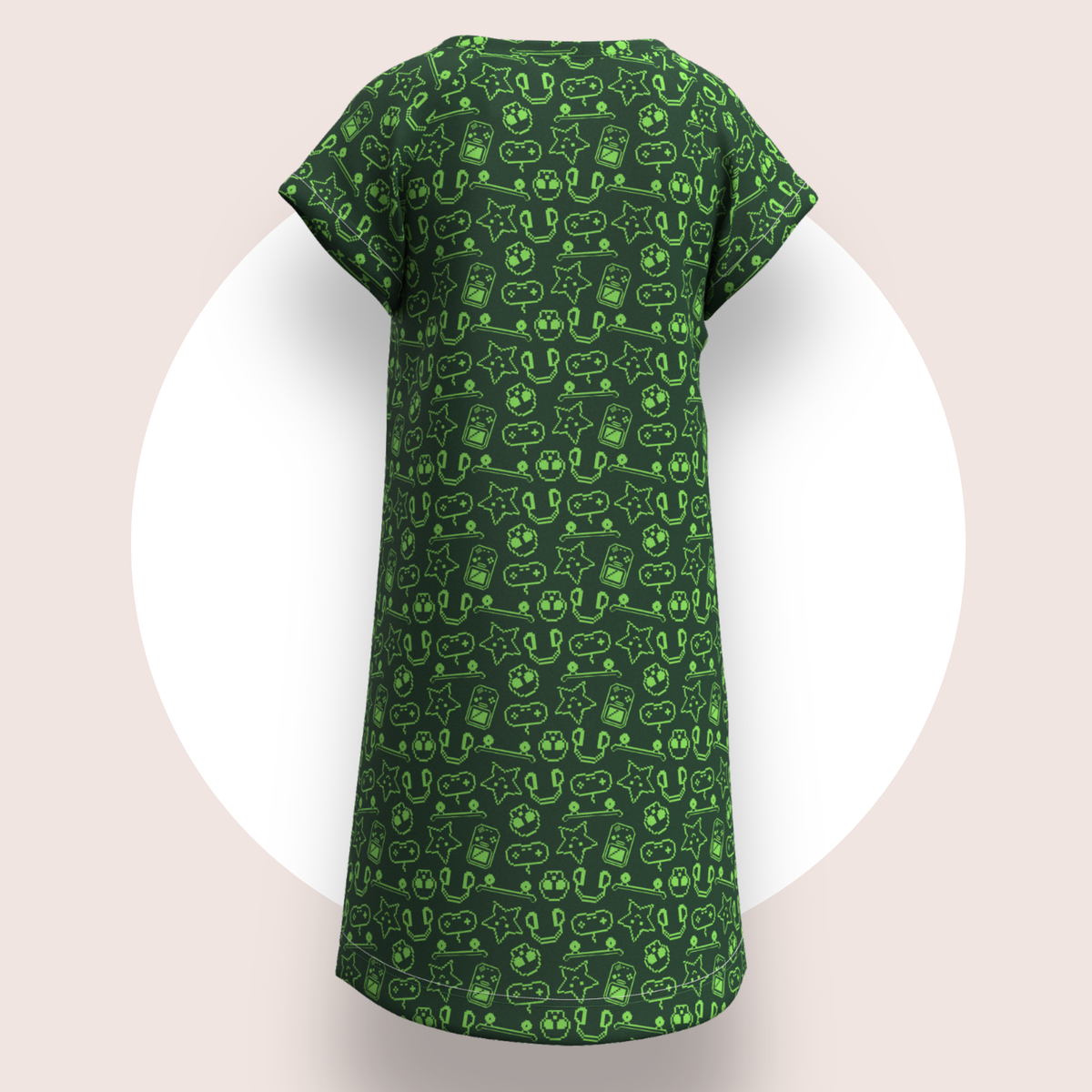 Lulu Funk Kids Nightie in Pixel print (lime gaming icons on dark green), view 7 of 7