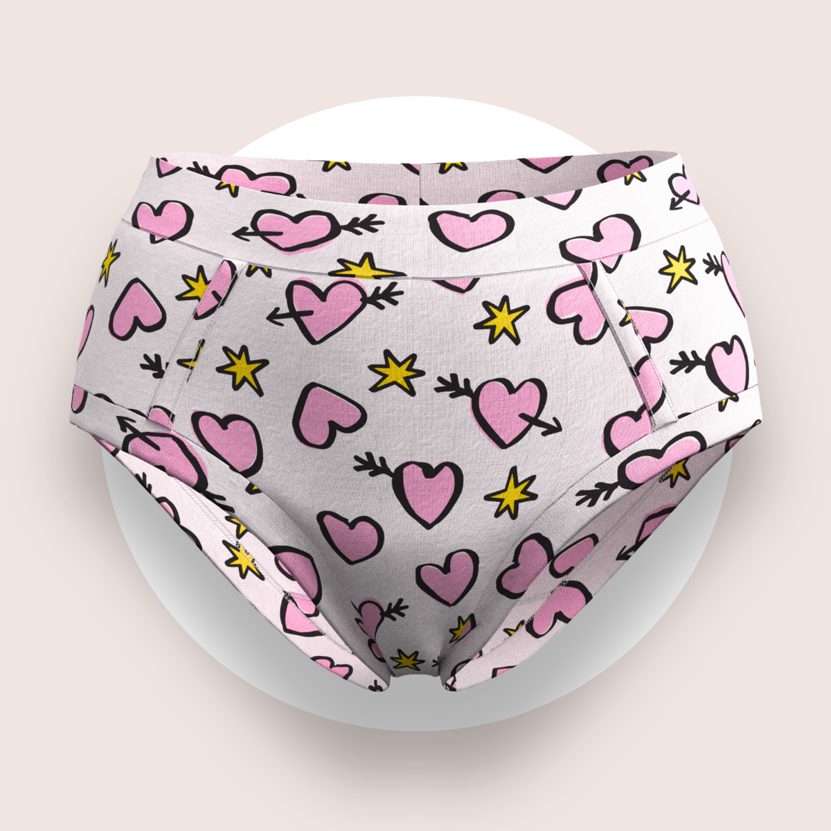 Lulu Funk Womens High Rise Brief in Cosmic Hearts print (pink hearts, cupid arrows and yellow stars on white), view 1 of 7