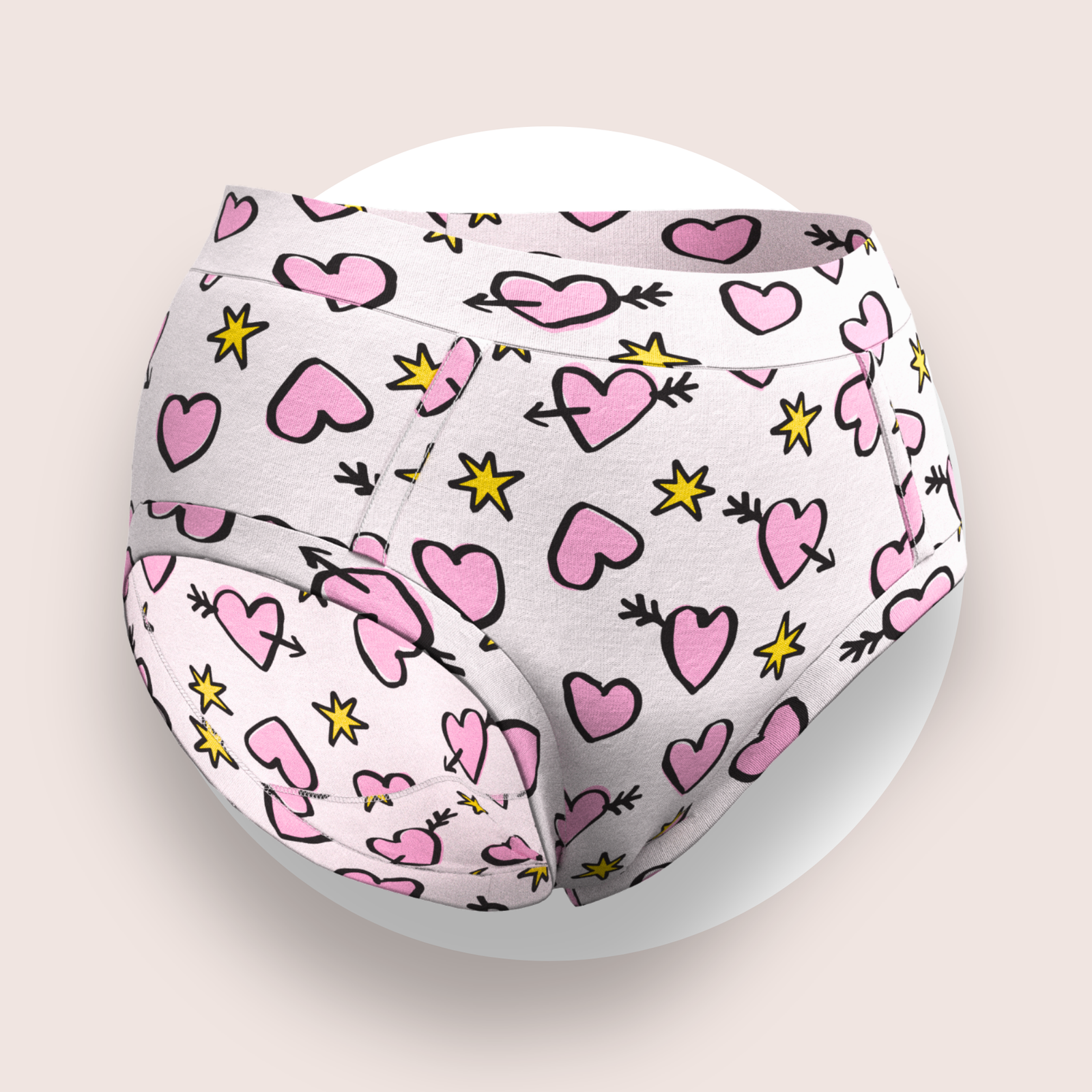 Lulu Funk Womens High Rise Brief in Cosmic Hearts print (pink hearts, cupid arrows and yellow stars on white), view 1 of 7