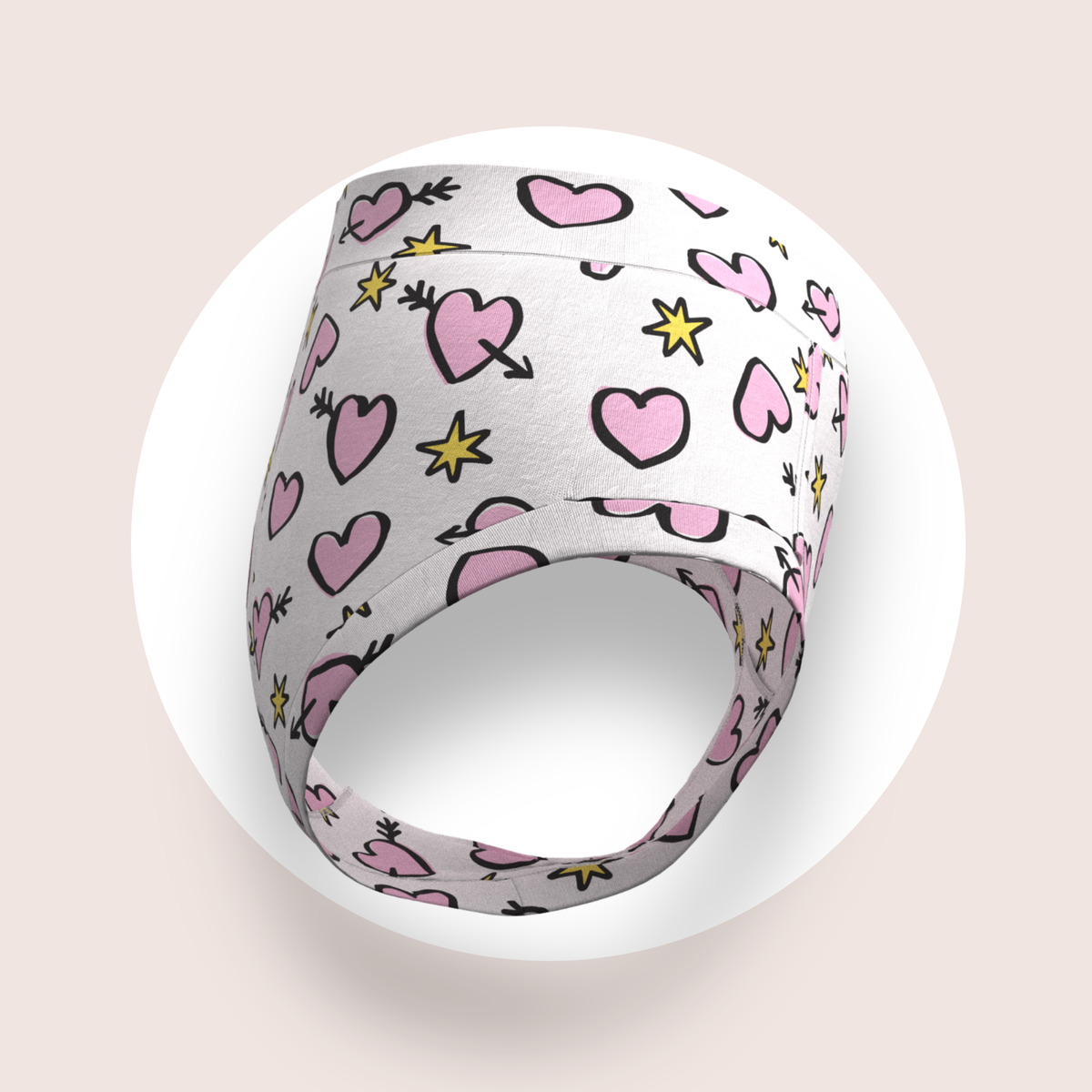Lulu Funk Womens High Rise Brief in Cosmic Hearts print (pink hearts, cupid arrows and yellow stars on white), view 4 of 7