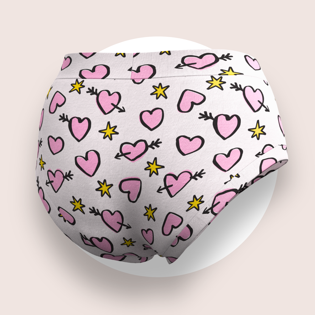 Lulu Funk Womens High Rise Brief in Cosmic Hearts print (pink hearts, cupid arrows and yellow stars on white), view 6 of 7