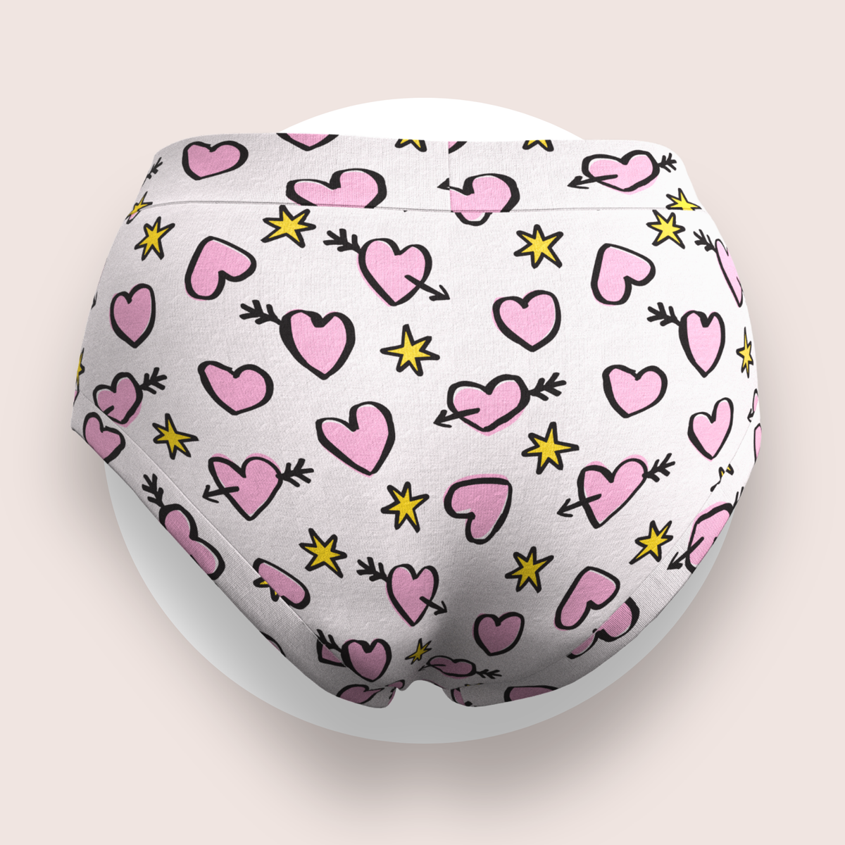 Lulu Funk Womens High Rise Brief in Cosmic Hearts print (pink hearts, cupid arrows and yellow stars on white), view 7 of 7