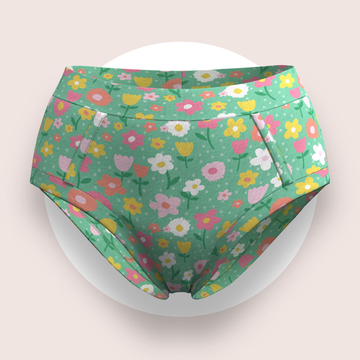 Lulu Funk Womens High Rise Brief in Meadow print (pink, yellow and white flowers on green), view 1 of 7