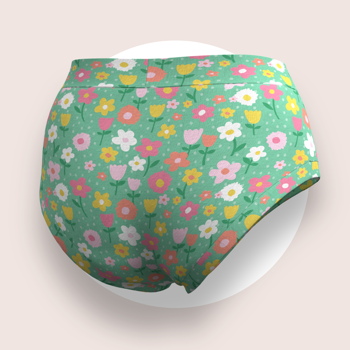 Lulu Funk Womens High Rise Brief in Meadow print (pink, yellow and white flowers on green), view 6 of 7